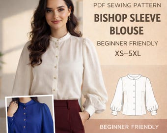 Women’s Bishop Sleeve Blouse Sewing Pattern PDF | Vintage Style Button Shirt | Stand Collar Top Pattern | XS–5XL Easy Digital Download