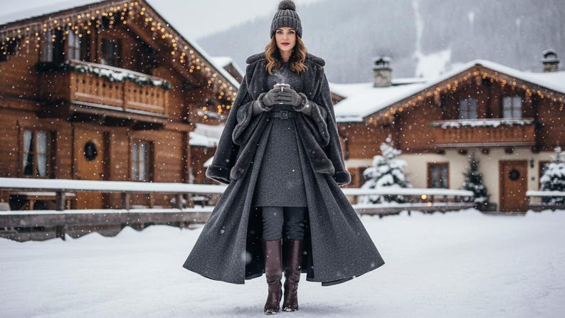 Pode incluir: Uma pessoa com um casaco de inverno cinzento, chap&eacute;u e luvas est&aacute; na neve, segurando uma ch&aacute;vena. O casaco tem uma saia longa e fluida e acabamento em pele. Botas castanhas e leggings escuros completam o traje. Edif&iacute;cios de madeira com luzes ao fundo.