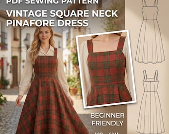 Vintage Square Neck Pinafore Dress Sewing Pattern PDF | Cottagecore Overall Dress Pattern | Beginner Friendly | Digital Download XS–4XL