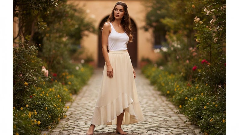 May include: A woman wearing a white tank top and a cream-colored, flowing skirt stands on a cobblestone path. The skirt has a layered, asymmetrical hemline. The background features lush greenery and a stone archway, creating a natural, elegant setting.