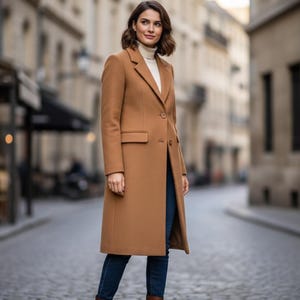 May include: A woman wearing a long, camel-colored coat with a single-button closure, a white turtleneck, and dark blue jeans. The coat has a classic design with a notched lapel and front pockets. The background is a European street scene.