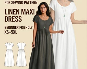 Linen Maxi Dress Sewing Pattern PDF | Easy Empire Waist Dress | Short Sleeve Summer Dress | Beginner Friendly | XS–5XL
