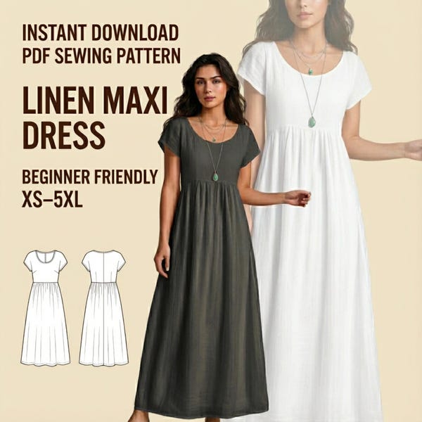Linen Maxi Dress Sewing Pattern PDF | Easy Empire Waist Dress | Short Sleeve Summer Dress | Beginner Friendly | XS–5XL