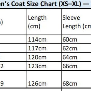 May include: A Women's Coat Size Chart (XS-XL) in CM. The chart includes measurements for bust, waist, hip, length, sleeve length, and shoulder. Sizes range from XS to XL, with measurements in centimeters.