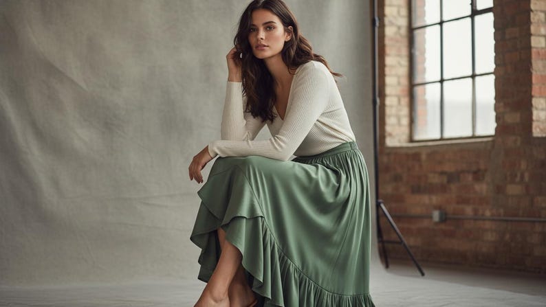 May include: A woman wearing a cream-colored long-sleeve top and a sage green skirt with a ruffled hem. The skirt is a flowing, midi-length design. The background is a neutral gray with a brick wall and window visible.
