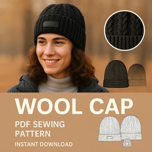 May include: A black wool cap with a cable knit design and a rectangular patch. The image also includes a close-up of the cap's texture, illustrations of the cap, and the text "WOOL CAP" and "PDF SEWING PATTERN INSTANT DOWNLOAD".