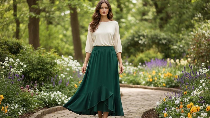 May include: A woman wearing a cream-colored top with three-quarter sleeves and a long, flowing emerald green skirt. The skirt has a ruffled hem. She is standing on a stone path in a garden with flowers and trees.