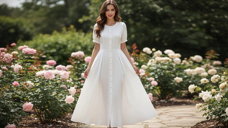 May include: A white, button-down dress with short sleeves and a full skirt. The dress is worn in a garden setting, surrounded by pink and white roses. The dress has a classic, elegant design.