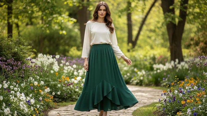 May include: A woman wearing a cream-colored long-sleeve top and a long, flowing emerald green skirt. The skirt has a ruffled hem. She is walking on a stone path in a garden with flowers and trees.