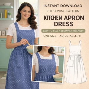 Puede incluir: Una mujer con un vestido de delantal azul con lunares, sosteniendo un cuenco y una cuchara. El vestido delantal tiene un escote cuadrado y un bolsillo. El texto en la imagen dice "INSTANT DOWNLOAD PDF SEWING PATTERN KITCHEN APRON DRESS EASY TO SEW BEGINNER FRIENDLY ONE SIZE - ADJUSTABLE FIT."