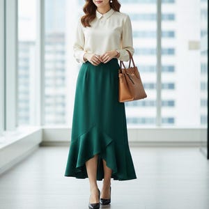 May include: A woman wearing a cream-colored blouse and a dark green midi skirt with a ruffled hem. She carries a brown leather handbag and wears black heels. The outfit is suitable for business or formal occasions.