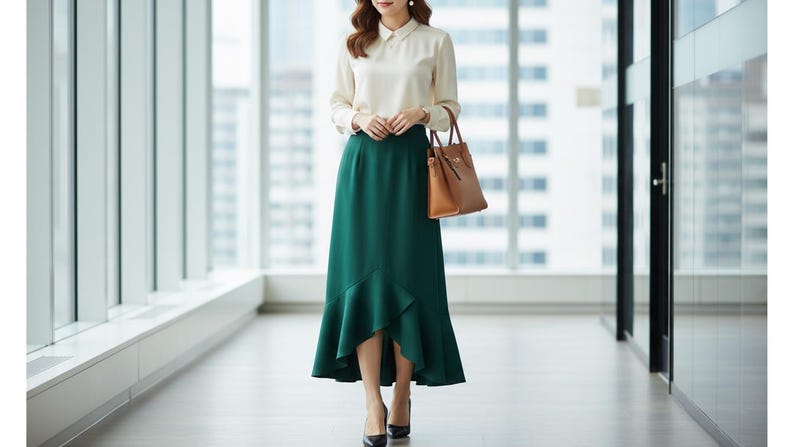May include: A woman wearing a cream-colored blouse and a dark green midi skirt with a ruffled hem. She carries a brown leather handbag and wears black heels. The outfit is suitable for business or formal occasions.