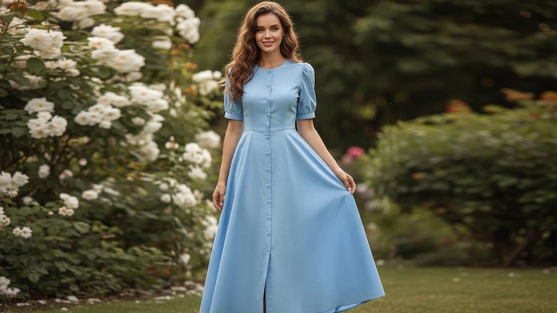 May include: A light blue, button-down dress with short, puffed sleeves. The dress has a fitted bodice and a flowing skirt. The model is standing in a garden with white flowers and green foliage in the background.