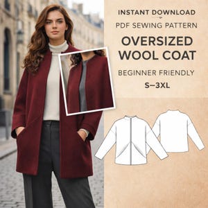 Könnte beinhalten: Ein übergroßer Wollmantel in Burgunderrot mit einem kragenlosen Design und großen Taschen. Das Bild enthält ein kleineres Inset-Foto des Mantels und eine Strichzeichnung des Schnittmusters. Der Text auf dem Bild lautet "Sofort-Download PDF-Schnittmuster" und "Anfängerfreundlich".