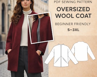 Oversized Winter Coat Sewing Pattern PDF | Relaxed Fit Wool Coat | Modern Lined Jacket Pattern | Drop Shoulder Outerwear | Sizes S–3XL