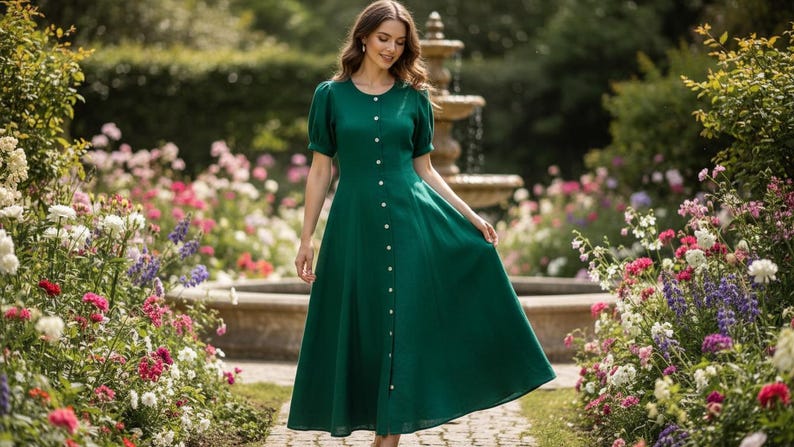 May include: A woman wearing a long, emerald green dress with short sleeves and a button-down front. The dress is flowing and elegant. The background features a garden with a fountain and colorful flowers.