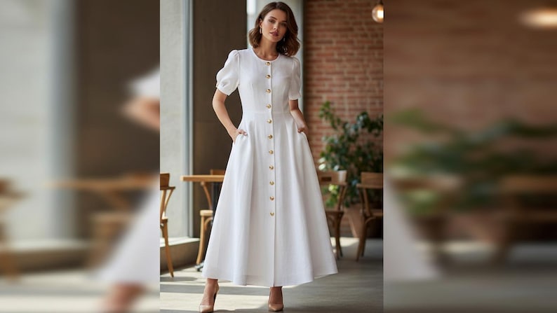 May include: A white button-down dress with short sleeves and a full skirt. The dress features gold-colored buttons and pockets. The model is wearing nude-colored heels. The background includes a brick wall and wooden furniture.