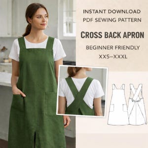 Op de afbeelding: Een vrouw draagt een groene kruisrugschort over een wit t-shirt. De schort heeft twee voorzakken en een split aan de zoom. Tekst op de afbeelding luidt "Instant Download PDF Sewing Pattern", "Cross Back Apron", "Beginner Friendly" en "XXS-XXXL".