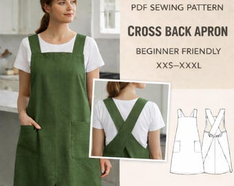 Japanese Style Cross Back Apron | Beginner Pinafore Apron Pattern with Pockets | Instant Download - PDF Sewing Pattern