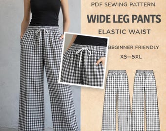 Wide Leg Pants Sewing Pattern for Women | Easy Palazzo Trousers Pattern | Elastic Waist Lounge Pants | Printable Beginner Pattern