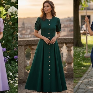 May include: Three button-down midi dresses in different colors: lavender, emerald green, and navy blue. Each dress has short, puffed sleeves and a fitted bodice that flows into a pleated skirt. The dresses are suitable for various occasions.