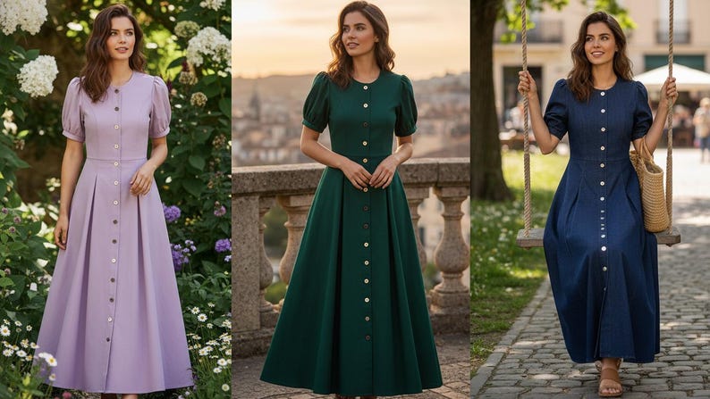 May include: Three button-down midi dresses in different colors: lavender, emerald green, and navy blue. Each dress has short, puffed sleeves and a fitted bodice that flows into a pleated skirt. The dresses are suitable for various occasions.