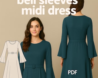 Bell Sleeves Midi Dress Sewing Pattern PDF - Women's Dress Pattern - Flowy Midi Dress with Bell Sleeves - Easy Printable Pattern