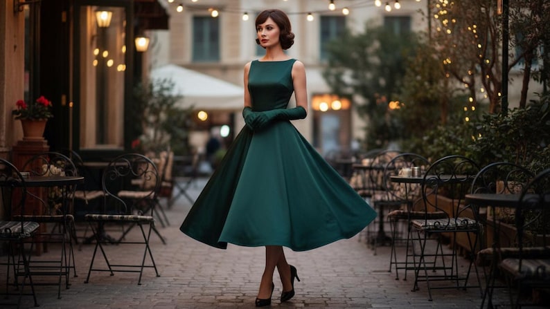 Peut inclure: Une personne porte une robe en satin vert fonc&eacute; avec une jupe ample et des gants assortis, debout sur une rue pav&eacute;e. La robe a une encolure bateau et est associ&eacute;e &agrave; des talons noirs. En arri&egrave;re-plan, des tables de caf&eacute; et des guirlandes lumineuses.