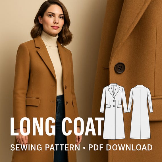 Long Coat Sewing Pattern PDF – Women’s Overcoat Pattern – Winter Coat DIY Sewing Project – Digital Download – Easy Instructions