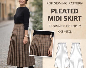 Pleated Midi Skirt Sewing Pattern PDF | Easy Sunray Skirt Pattern for Beginners | Digital Download A0 A4 US Letter (XXS–5XL)