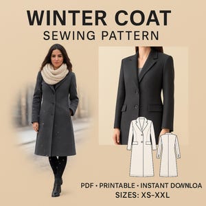 Op de afbeelding: Een donkergrijs winterjas naaipatroon. De afbeelding toont een vrouw die de jas draagt en een diagram van de jas. De tekst op de afbeelding luidt "Winter Coat Sewing Pattern" en "Maten: XS-XXL".