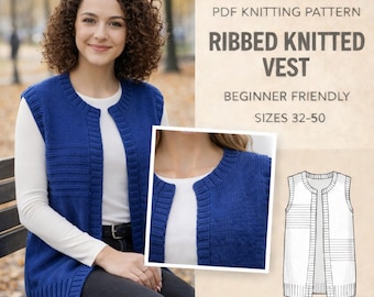 Knitted Vest Pattern PDF for Women | Easy Sleeveless Cardigan Waistcoat | Beginner Friendly Ribbed Knit Top | Instant Download