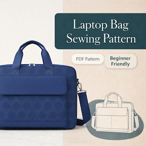 May include: A navy blue laptop bag with a geometric pattern, a handle, and a shoulder strap. The image includes the text "Laptop Bag Sewing Pattern", "PDF Pattern", and "Beginner Friendly". A line drawing of the bag is also shown.