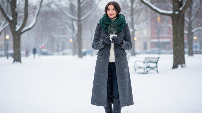 May include: A woman in a gray wool coat, green scarf, and black gloves holds a white mug in a snowy park. The coat is long and buttoned, and the scarf is a chunky knit. The background features snow-covered trees and a park bench.
