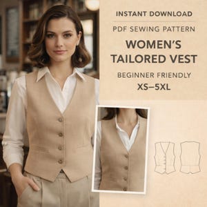 Può includere: Un gilet beige su misura con chiusura a bottoni, indossato sopra una camicia bianca con colletto. L'immagine include il testo "WOMEN'S TAILORED VEST" e "BEGINNER FRIENDLY". Un'immagine più piccola mostra il gilet e un modello.