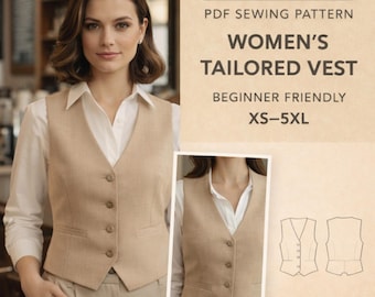 Women’s Tailored Vest Sewing Pattern PDF | Modern Waistcoat Pattern | XS–5XL | Vintage Office Vest Instant Download