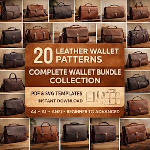Puede incluir: Una colección de carteras de cuero en varios tonos marrones, exhibidas sobre una superficie de madera. La imagen incluye un gráfico central con el texto "20 LEATHER WALLET PATTERNS COMPLETE WALLET BUNDLE COLLECTION". Las carteras varían en estilo.
