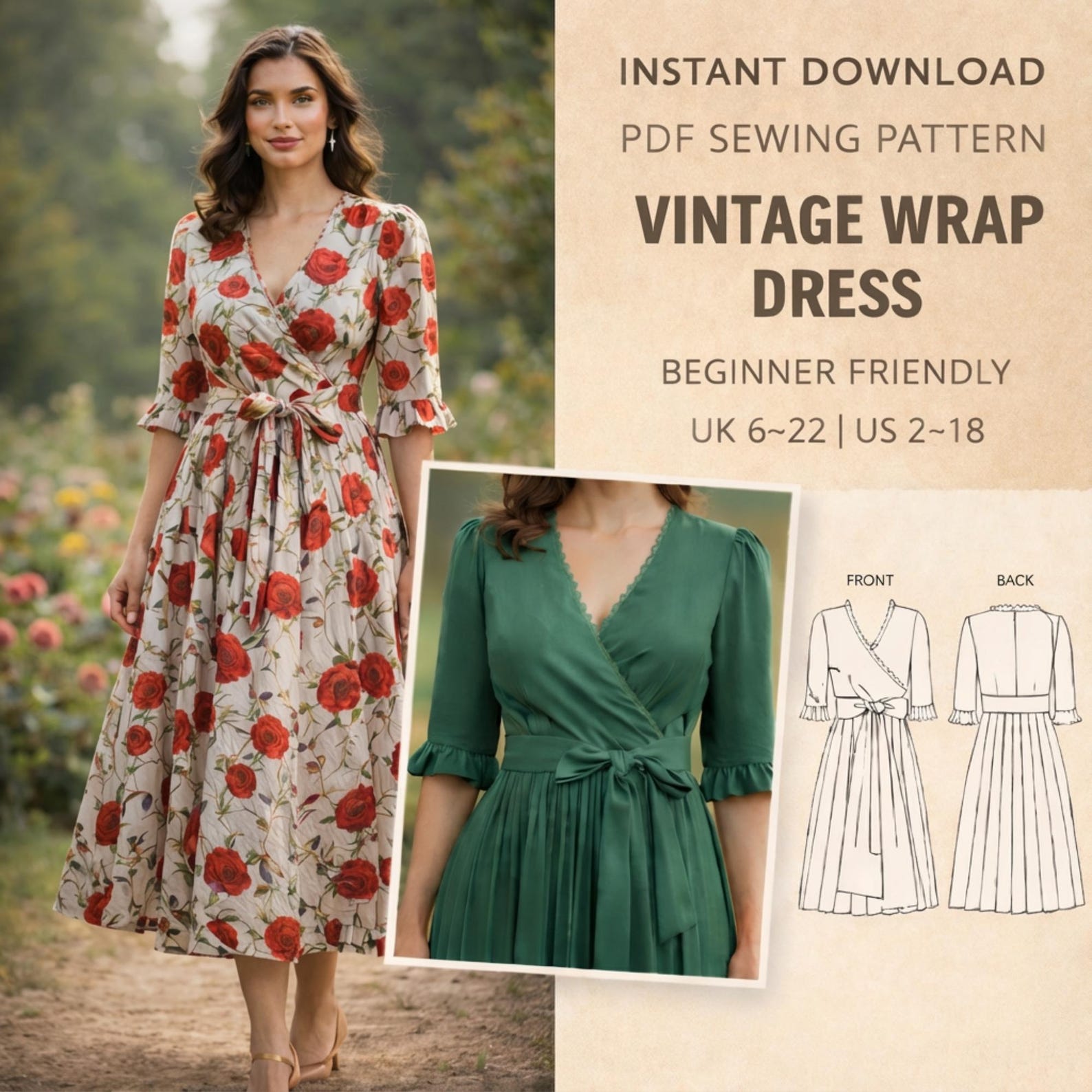 Vintage Wrap Dress Sewing Pattern PDF | Easy Puff Sleeve Dress Pattern ...