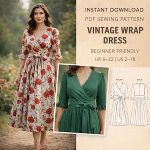 Puede incluir: Una mujer con un vestido cruzado vintage con un estampado floral de rosas rojas sobre un fondo crema. El vestido tiene cuello en V, lazo en la cintura y mangas tres cuartos. La imagen también incluye un vestido cruzado verde y un diagrama de patrón. Texto: "VINTAGE WRAP DRESS".