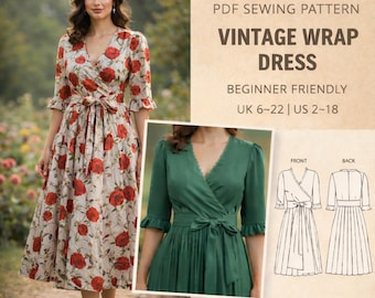 Vintage Wrap Dress Sewing Pattern PDF | Easy Puff Sleeve Dress Pattern | Tie Waist Midi Dress | Beginner Sewing Pattern | Instant Download