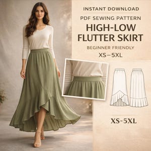 May include: A woman wearing a long, olive green high-low flutter skirt with a cream-colored long-sleeve shirt. The image includes text that reads "INSTANT DOWNLOAD PDF SEWING PATTERN HIGH-LOW FLUTTER SKIRT BEGINNER FRIENDLY XS-5XL".