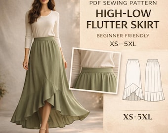 High Low Skirt Sewing Pattern PDF | Beginner Elastic Waist Skirt | Flounce Hem Skirt Pattern | Women’s Midi Skirt