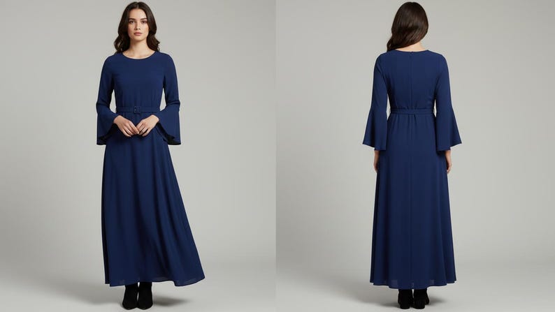 Pode incluir: Um vestido longo azul marinho com decote redondo e mangas compridas e largas. O vestido tem cintura ajustada com cinto e saia fluida. A imagem mostra o vestido na frente e nas costas, em um est&uacute;dio.