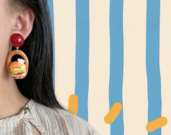 Handmade Resin Burger Earrings, Kawaii Food Jewelry, Fun Cartoon Hamburger Dangles