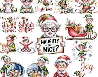 Whimsical Christmas Elf Clipart Bundle: Watercolor PNG Graphics (Digital Download)