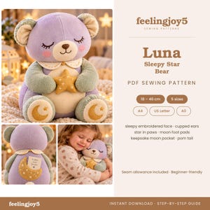 May include: A plush bear sewing pattern titled Luna Sleepy Star Bear by feelingjoy5. The bear is lavender and sage green with a yellow star, moon foot pads, and a back pocket. Includes 18-46 cm sizing, A4, US Letter, and A0 formats.