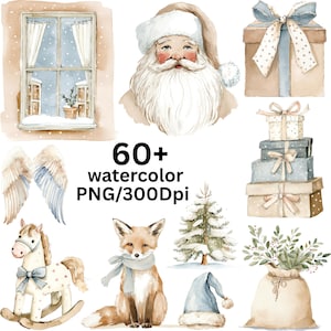 Puede incluir: Ilustraciones en acuarela con temática invernal. La imagen incluye a Papá Noel, una ventana con nieve, cajas de regalo, alas de ángel, un caballito balancín, un zorro con bufanda, un árbol de Navidad, un gorro y una bolsa de vegetación. También está presente el texto "60+ watercolor PNG/300Dpi".