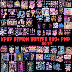 Peut inclure: Une collection de graphiques PNG sur le thème de la K-Pop, présentant diverses illustrations de personnages, logos et textes. Les motifs incluent le texte "KPOP DEMON HUNTER 500+ PNG" et "300/DPI". Les images sont dans une variété de couleurs, dont le rose, le bleu et le violet.