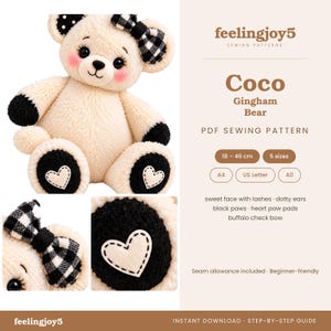 Coco Black and white panda Memory teady Bear Sewing Pattern PDF,   Patchwork Keepsake Teddy bear digital download