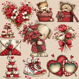 Puede incluir: Una colección de ilustraciones con temática de San Valentín. Incluye un arreglo floral en forma de corazón, cupcakes, un cachorro con flores, un gatito en una cesta, un gato en una caja de regalo, un ramo de rosas, un sobre, zapatillas y marcos en forma de corazón.